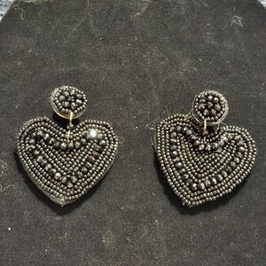 Beaded Black Heart Drop Earrings